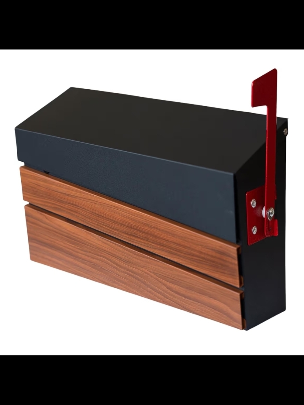 Modern Black & Wood Mailbox with Red Flag